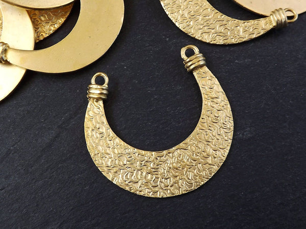 Tribal Crescent Pendant, Tribal Connector, Double Sided, Textured, Gold Crescent, Tribal Pendant, Moon Pendant, 22k Matte Gold Plated - 1pc