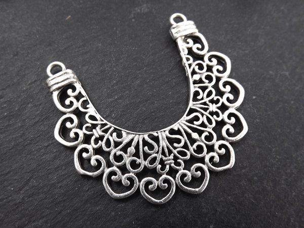 Silver Filigree Crescent Pendant Connector, Lace Chandelier, Half Moon Pendant, Ethnic Jewelry Supplies, Matte Antique Silver Plated, 1pc