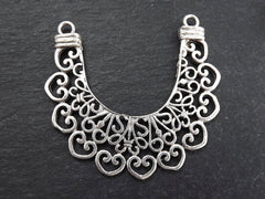 Silver Filigree Crescent Pendant Connector, Lace Chandelier, Half Moon Pendant, Ethnic Jewelry Supplies, Matte Antique Silver Plated, 1pc