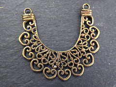 Bronze Filigree Crescent Pendant Connector, Lace Chandelier, Half Moon Pendant, Ethnic Jewelry Supplies, Antique Bronze Plated, 1pc