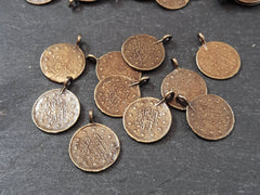 10 Round Bronze Coin Charms Turkish Jewelry Supplies Rustic Coins, Coin Pendant Boho Bohemian Style Craft Antique Bronze Plated