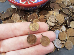 10 Round Bronze Coin Charms Turkish Jewelry Supplies Rustic Coins, Coin Pendant Boho Bohemian Style Craft Antique Bronze Plated