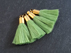 Mini Cotton Sage Green Tassels Tassel Charms, Tassel Pendant, Earring Tassel Fringe Soft Thread, 22k Matte Gold Plated Cap, 26mm, 4pc
