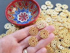 Round Rustic Lace Fretwork Disc Charms, Link Connectors, 22k Matte Gold Plated, 4pc