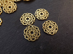 Round Rustic Lace Fretwork Disc Charms, Link Connectors, 22k Matte Gold Plated, 4pc