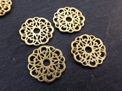 Round Rustic Lace Fretwork Disc Charms, Link Connectors, 22k Matte Gold Plated, 4pc