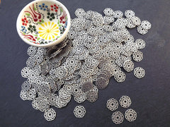 Silver Lace Charms, Round Rustic Fretwork discs, Disc Charms, Disc Connectors, Lace Connectors, Earring Pendant, Matte Antique Silver, 4pc