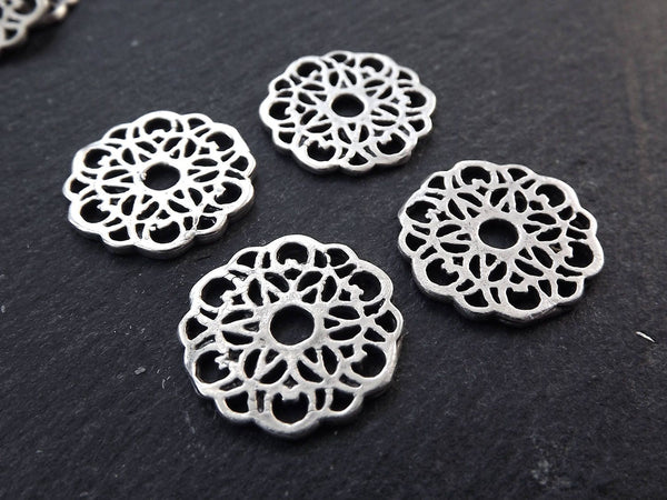 Silver Lace Charms, Round Rustic Fretwork discs, Disc Charms, Disc Connectors, Lace Connectors, Earring Pendant, Matte Antique Silver, 4pc