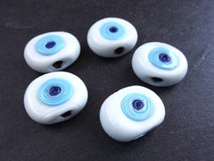 5 White Blue Evil Eye Nazar Glass Bead, Traditional Turkish Handmade Protective Lucky Amulet  26 mm - VALUE PACK