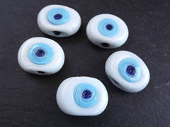 5 White Blue Evil Eye Nazar Glass Bead, Traditional Turkish Handmade Protective Lucky Amulet  26 mm - VALUE PACK