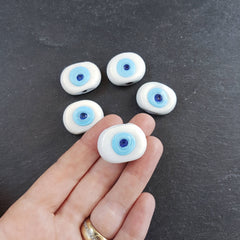 5 White Blue Evil Eye Nazar Glass Bead, Traditional Turkish Handmade Protective Lucky Amulet  26 mm - VALUE PACK