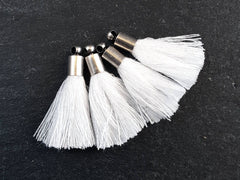 Mini White Tassels Earring Bracelet Tassel Fringe Turkish Findings Soft Thread - Matte Antique Silver Plated Cap - 26mm 4pc NEW CAP