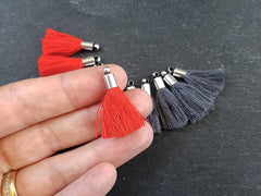 Mini Deep Gray Tassels Earring Bracelet Tassel Fringe Turkish Findings Soft Thread, Matte Antique Silver Plated Cap - 26mm 4pc