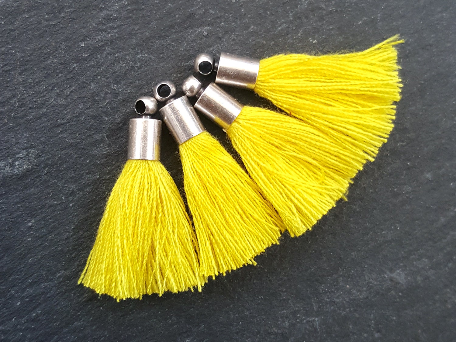 Mini Pineapple Yellow Tassels Earring Bracelet Tassel Fringe Turkish Findings Soft Thread Matte Antique Silver Plated Cap - 26mm 4pc NEW CAP