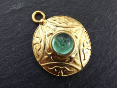 Round Dome Tribal Pendant with Aqua Teal Frosted Glass Accent Celtic Style Ethnic - 22k Matte Gold plated - 1pc
