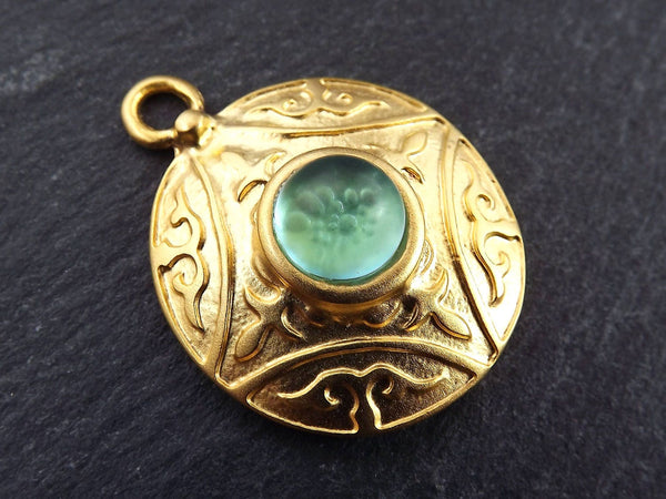 Round Dome Tribal Pendant with Aqua Teal Frosted Glass Accent Celtic Style Ethnic - 22k Matte Gold plated - 1pc