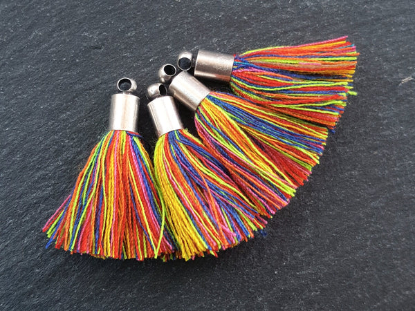 Mini Multi color Tassels Earring Bracelet Tassel Fringe Turkish Findings Soft Thread Matte Antique Silver Plated Cap - 26mm 4pc NEW CAP