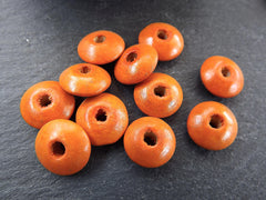 Tangerine Orange Saucer Disc Wood Beads Varnished Plain Simple Round Disc Craft Wooden Bead Spacers 14 x 5mm - Choose 25pcs, 50pcs or 100pcs