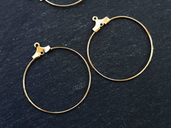 Round Gold Beading Hoop Loops Earring Finding Component - 30mm - 22k Shiny Gold Plated Brass - 2 pairs