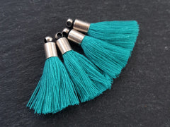 Mini Turquoise Blue Tassels Earring Bracelet Tassel Fringe Turkish Findings Soft Thread Matte Antique Silver Plated Cap - 26mm 4pc NEW CAP