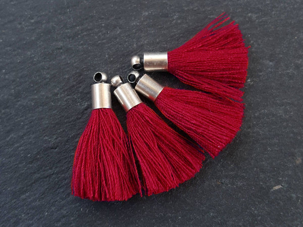Mini Carmine Red Tassels Earring Bracelet Tassel Fringe Turkish Findings Soft Thread Matte Antique Silver Plated Cap - 26mm 4pc NEW CAP
