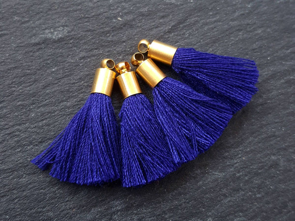 Mini Berry Blue Soft Thread Tassels Earring Bracelet Tassel Fringe Turkish Findings - 22k Matte Gold Plated Cap - 26mm - 4pc - NEW CAP