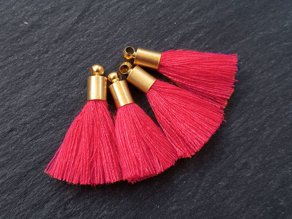 Mini Amaranth Red Soft Thread Tassels Earring Bracelet Tassel Fringe Turkish Findings - 22k Matte Gold Plated Cap - 26mm - 4pc - NEW CAP