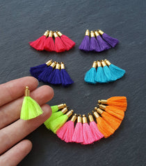 Mini Neon Yellow Soft Thread Tassels Earring Bracelet Tassel Fringe Turkish Findings - 22k Matte Gold Plated Cap - 26mm - 4pc - NEW CAP