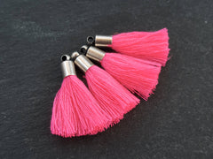 Mini Neon Pink Soft Thread Tassels, Small Earring Bracelet Tassel Fringe, Turkish Findings, Antique Matte Silver Plated Cap - 26mm - 4pc