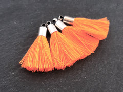 Mini Neon Orange Soft Thread Tassels, Small Earring Bracelet Tassel Fringe, Turkish Findings, Antique Matte Silver Plated Cap, 26mm, 4pc