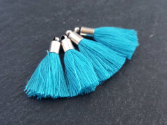 Mini Maui Blue Soft Thread Tassels Earring Bracelet Tassel Fringe Turkish Findings - Antique Matte Silver Plated Cap - 26mm - 4pc - NEW CAP