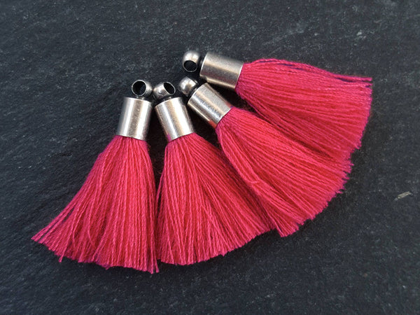 Mini Amaranth Red Soft Thread Tassels Earring Bracelet Tassel Fringe Turkish Findings Antique Matte Silver Plated Cap - 26mm - 4pc - NEW CAP