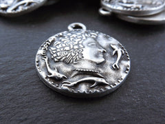 Persephone Greek Coin Rustic Cast Pendant - Goddess of the Underworld - Matte Antique Silver Plated  - 1pc