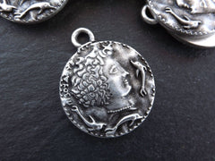 Persephone Greek Coin Rustic Cast Pendant - Goddess of the Underworld - Matte Antique Silver Plated  - 1pc