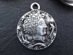 Persephone Greek Coin Rustic Cast Pendant - Goddess of the Underworld - Matte Antique Silver Plated  - 1pc