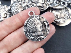 Persephone Greek Coin Rustic Cast Pendant - Goddess of the Underworld - Matte Antique Silver Plated  - 1pc