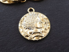 Persephone Greek Goddess Coin Pendant, Goddess of the Underworld, Artisan Gold Pendant - 22k Matte Gold Plated  - 1pc