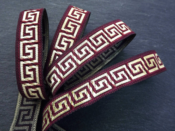 16mm Burgundy Greek Key Woven Embroidered Jacquard Trim Ribbon - 1 Meter  or 3.3 Feet or 1.09 Yards