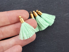 Mini Mint Green Soft Thread Tassels Earring Bracelet Tassel Fringe Turkish Findings - 22k Matte Gold Plated Cap - 26mm - 4pc - NEW CAP