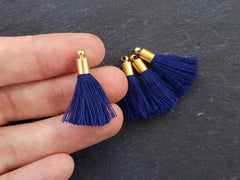 Mini Navy Blue Soft Thread Tassels Earring Bracelet Tassel Fringe Turkish Findings - 22k Matte Gold Plated Cap - 26mm - 4pc - NEW CAP