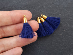Mini Navy Blue Soft Thread Tassels Earring Bracelet Tassel Fringe Turkish Findings - 22k Matte Gold Plated Cap - 26mm - 4pc - NEW CAP CAP
