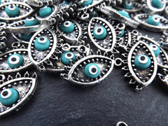 Turquoise Evil Eye Charm Turkish Nazar Greek Eye Luckily Protective Handmade EvilEye Accent - Matte Antique Silver Plated Brass - 2pc