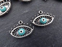 Turquoise Evil Eye Charm Turkish Nazar Greek Eye Luckily Protective Handmade EvilEye Accent - Matte Antique Silver Plated Brass - 2pc