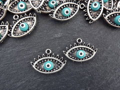 Turquoise Evil Eye Charm Turkish Nazar Greek Eye Luckily Protective Handmade EvilEye Accent - Matte Antique Silver Plated Brass - 2pc