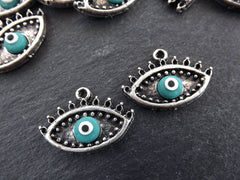 Turquoise Evil Eye Charm Turkish Nazar Greek Eye Luckily Protective Handmade EvilEye Accent - Matte Antique Silver Plated Brass - 2pc