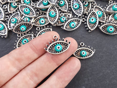 Turquoise Evil Eye Charm Turkish Nazar Greek Eye Luckily Protective Handmade EvilEye Accent - Matte Antique Silver Plated Brass - 2pc