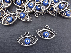 Royal Blue Evil Eye Charm Turkish Nazar Greek Eye Lucky Protective Handmade EvilEye Accent - Matte Antique Silver Plated Brass - 2pc