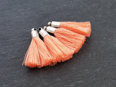 Mini Peachy Peach Soft Thread Tassels Earring Bracelet Tassel Fringe Turkish Findings -Matte Silver Plated Cap - 26mm - 4pc - NEW CAP
