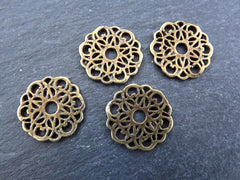 Round Lace Charms Connector Links, Earring Pendants, Bronze charms, Antique Bronze Plated, 4pc