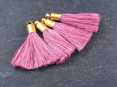 Mini Crushed Rose Pink Soft Thread Tassels Earring Bracelet Tassel Fringe Turkish Findings 22k Matte Gold Plated Cap - 26mm - 4pc - NEW CAP